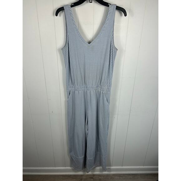 Pact Organic Cotton Lounge Jumpsuit Sleeveless Wide Leg Blue Stripe Size M - Picture 1 of 6